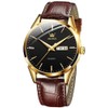 OLEVS Men Watch Brown Leather Strap Large Black Face Analog
