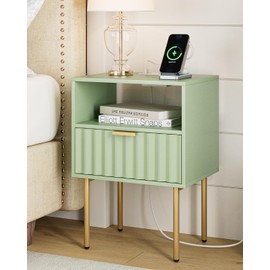 Masupu Nightstand with Charging Station,Mid-Century Modern Bedside Table with Storage Drawer and Open Wood Shelf,Small Gold Frame Side Table for Bedroom,Living Room (Green Fluted)