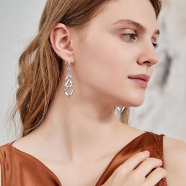 Double Twisted Linear Swirl Drop Statement Earrings with CZ, 925 Sterling Silver Dangle Earrings, Hypoallergenic Infinity Earrings for Women (Twisted Linear with CZ)