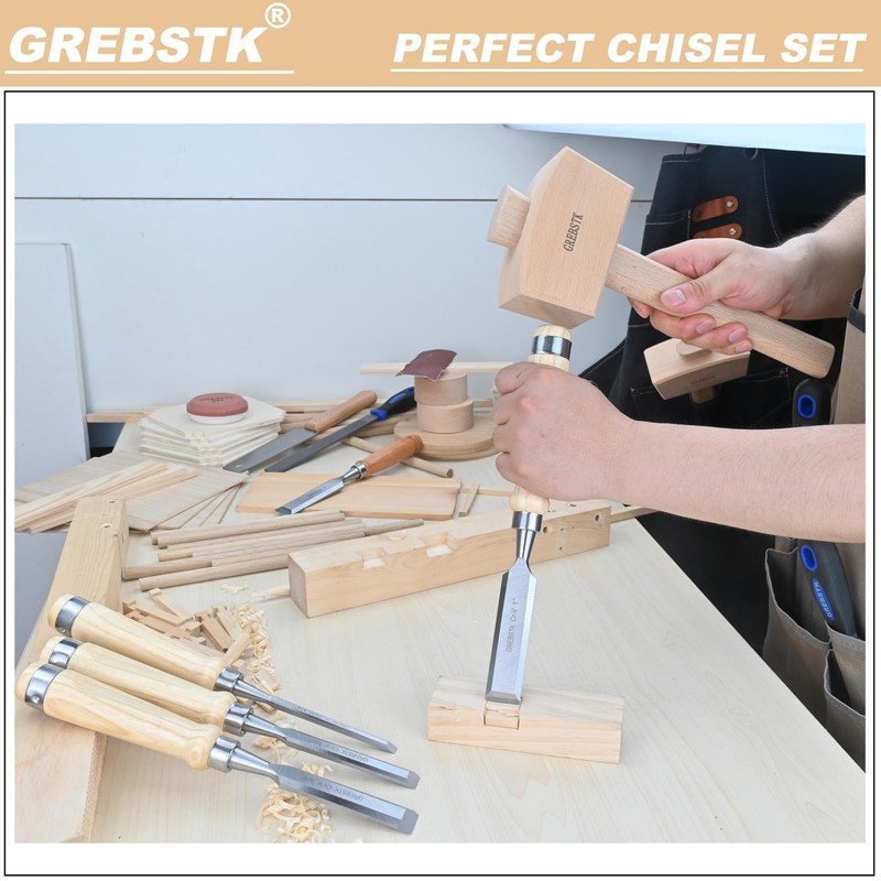GREBSTK 11in Wood Chisel Set for Woodworking, 4pcs Chrome Vanadium