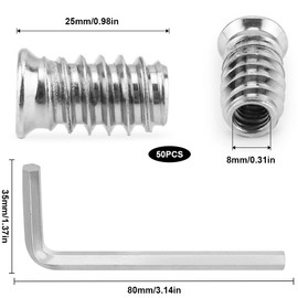 Leryati Screw-In Nut M8 x 25 mm, Pack of 50 Threaded Insert Wood Screw-In Sleeves Threaded Inserts for Wooden Furniture
