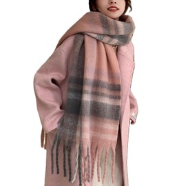 Wander Agio Winter Women Warm Scarf Long Shawl Large Scarves Cold Weather Thicker Blanket Wrap Colour Plaid Stripe Pink Grey 02