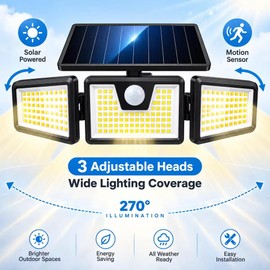 Outdoor Solar Motion Sensor Flood Light for Garage and Yard – Adjustable Three-Head LED Wall Lighting