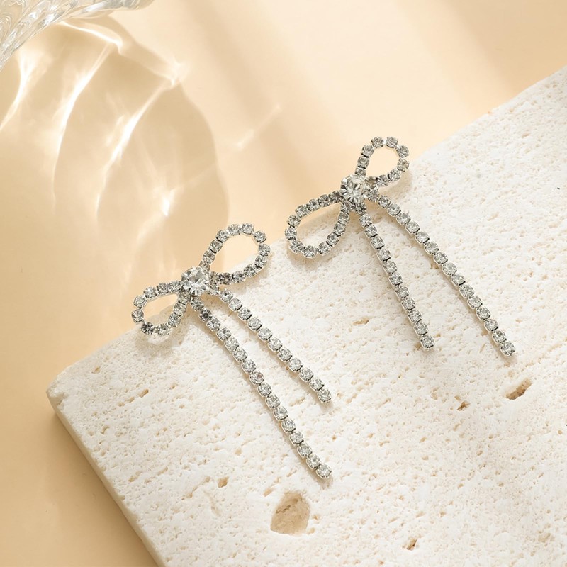 Gold Bow Earrings for Women Black Rhinestone Dangle Drop Earring