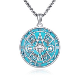 YAFEINI Aztec Mayan Calendar Necklace 925 Sterling Silver Abalone Shell/Turquoise/Obsidian Aztec Pendant Amulet Jewellery Gifts for Women Men (Turquoise)