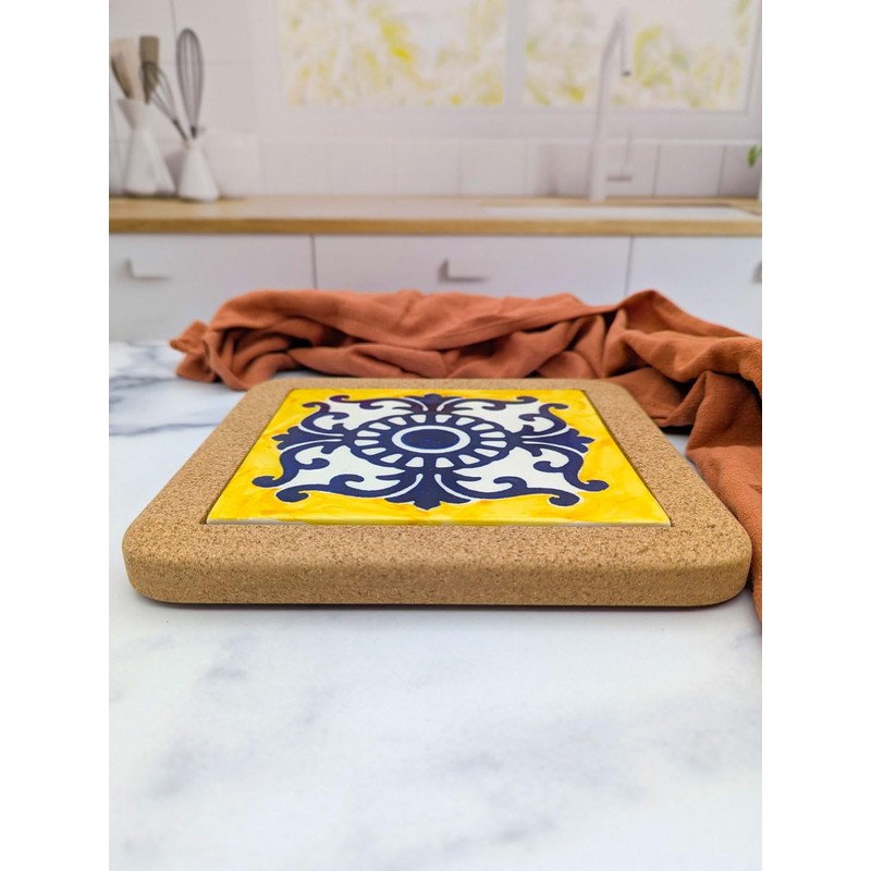 Portuguese Ceramic Tiles Trivet with Cork Base for Hot Pots