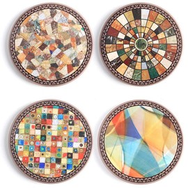 Bohemian Pattern Drink Coasters - Round Drinks Absorbent Stone Coaster Set with Ceramic Stone and Cork Base for Kinds of Mugs and Cups, 4 Inch