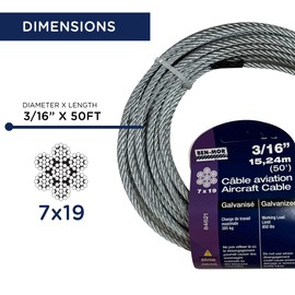 Galvanized Steel Cable – 3/16 in x 50 FT 7X19 Core Flexible Cable Wire for Fencing, Clothesline, Deck Railing, Pulley, Winch Loop Rope with 840 LBS Working Load Limit for Home and Industrial Use