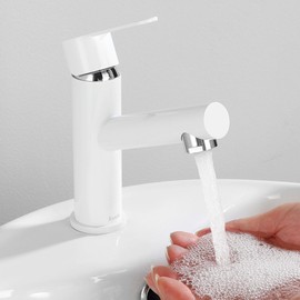 Tondiy Bathroom Washbasin Tap, White, Stainless Steel Bathroom Mixer Tap with Spout, Height 87 mm, Single Lever Mixer Tap with Water-Saving Function