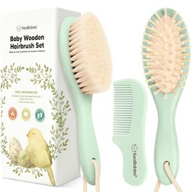 Juego de cepillos de pelo de bebé para recién nacidos, cerdas de cabra suaves de madera, juego de cepillo y peine para recién nacidos, kit de aseo para recién nacidos, duradero y suave, kit de cuidado esencial para niños y niñas (regular, salvia)