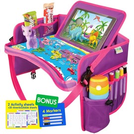 ECOFANTASY Kids Travel Tray - Waterproof Carseat Table Top - Car Seat Tray for Toddler - Travel and Road Trip Essentials Kids - Lap Desk with Storage - Color: ECOFANTASY Kids Travel Tray (Pink)