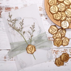 Mogokoyo 100Pcs Wax Seal Stickers, 1.14inch/29mm Antique Gold Envelope Seal Stickers, Heart Vintage Wedding Invitation Stickers for Valentine's Day Birthday Christmas Party Supply