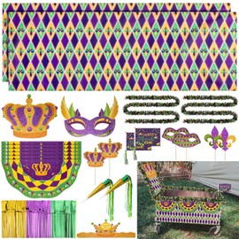 Saypacck 24 Pcs Mardi Gras Wagon Parade Float Decoration Kits Utility Folding Wagon Cart Carnival Decor Gold Green Purple Foil Fan Flag for Mardi Gras Wagon Decoration Masquerade Party Supplies