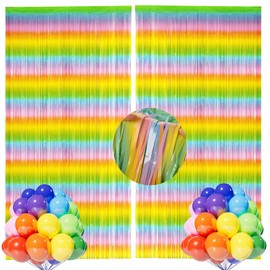 Fancy Dress Tinsel Curtain Rainbow Glitter with 20 Colourful Balloons, 2 Fringe Curtains, Glitter Curtains, Tinsel Background, Fringe Streamers, Fringe Curtain for Children Party, Carnival, Birthday
