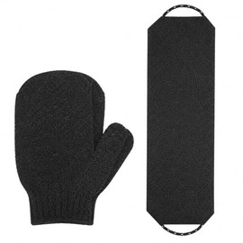 Body Exfoliating Gloves Back Scrubber Set, Exfoliating Shower Towel Body Scrubber for Deep Cleansing, Wash Gloves to Remove Dead Skin Exfoliator for Men & Women (Black)