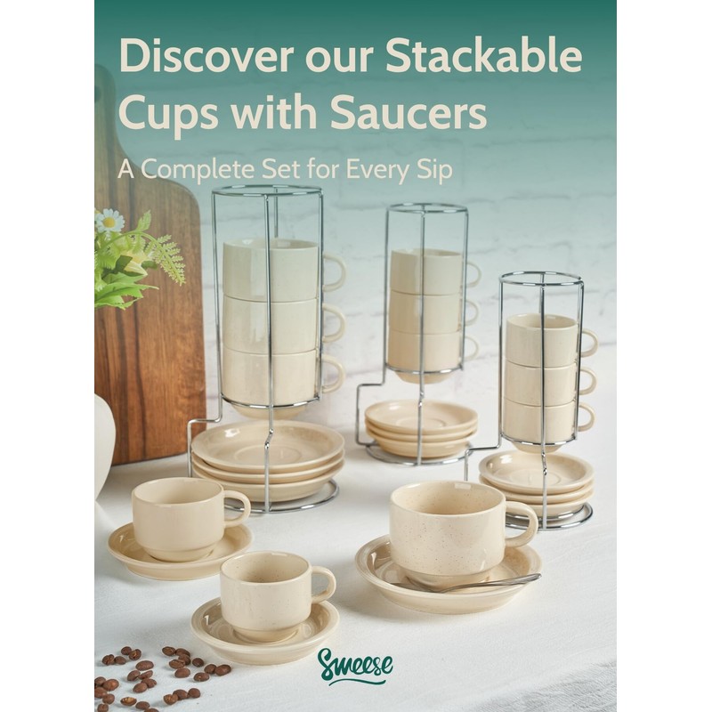 Sweese Porcelain Espresso Cups Set, 2.5 oz, Stackable with Saucers