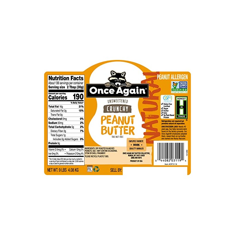 Once Again Natural, Crunchy Peanut Butter, 9lb Bucket (same as