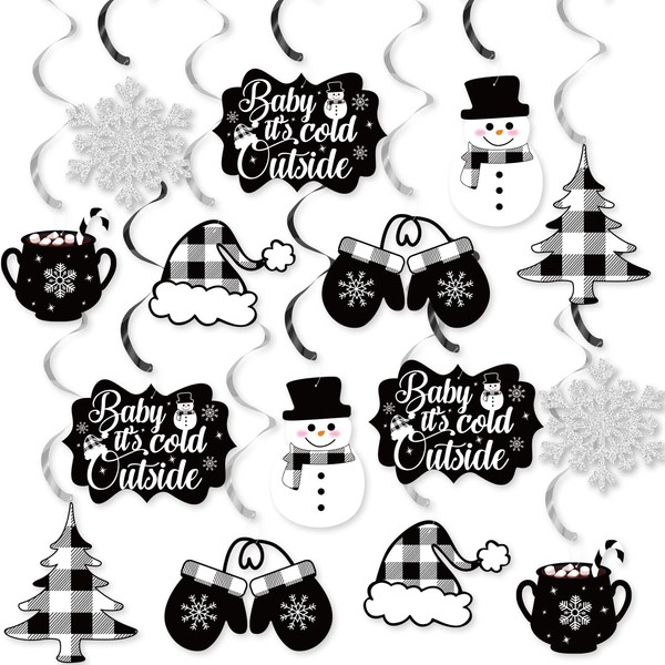 K KUMEED 20 PCS Baby It's Cold Outside Hanging Swirls Decorations,Black and White Plaid Buffalo Snowflake Snowman Gloves Hot Coffee Party Supplies for Christmas, Winter Birthday Party Supplies