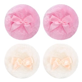 TIESOME 4 Pcs Large Powder Puff, 3.2 Inch Round Pink & Beige Large Soft Washable Fluffy Powder Puff Reusable Dusting Makeup Puffs for Wet Dry Makeup Face Body