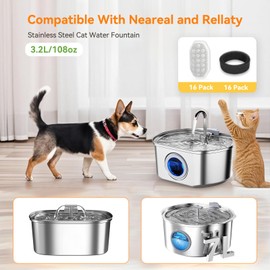 16 Pack Cat Water Fountain Filters for Neareal and Rellaty 3.2L/108oz Automatic Stainless Steel Cat Water Fountain, Activated Carbon Filter + 16 Pack Pre-Filter Sponges