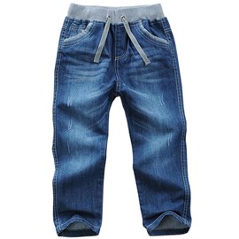 Big Boys Elastic Washed Full Length Pull On Straight Jeans Denim Pants, Distressed, Size 11-12 Years (Tag150)