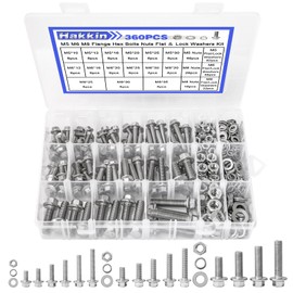 Hakkin 360PCS M5 M6 M8 Flange Hex Head Bolts and Nuts Assortment Kit, 304 Stainless Steel Flange Metric Bolt Assortment, M5-0.8 M6-1.0 M8-1.25 Metric Nuts Screws Flat & Lock Spring Washer, Full Thread