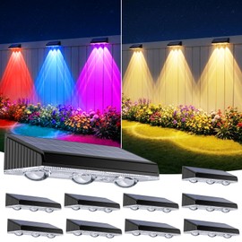 Solar Fence Lights Outdoor 10 Pack, Upgraded Brightness 3X LED Lens Fence Lights Solar Powered, 9 Fixed Colors & RGB Lights, IP65 Waterproof Solar Lights for Outside Backyard/Railing/Step/Patio