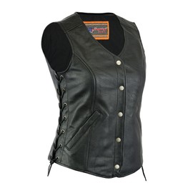 Daniel Smart Biker Vest for Women Genuine Cowhide Open Neck Black Leather Vest with Stylish Side Lace & Multiple Carry Pocket