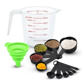 13 PCS Cucharas Medidoras y Tazas Medidoras, con Embudo Plegable (Negro) | Set de Tazas y Cucharas Medidoras con Mangos, Apilables, Herramientas de Medición de Cocina para Medir Líquidos y Condimento