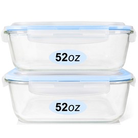 Glass Food Storage Containers Set, Large Size Glass Containers with Lids, BPA-free Locking lids, 100% Leak Proof Glass Meal Prep Containers, Freezer to Oven Safe (2 Pack of 52oz)