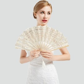 BABEYOND Cotton Lace Folding Handheld Fan Embroidered Bridal Hand Fan with Bamboo Staves for Wedding Decoration Dancing Party