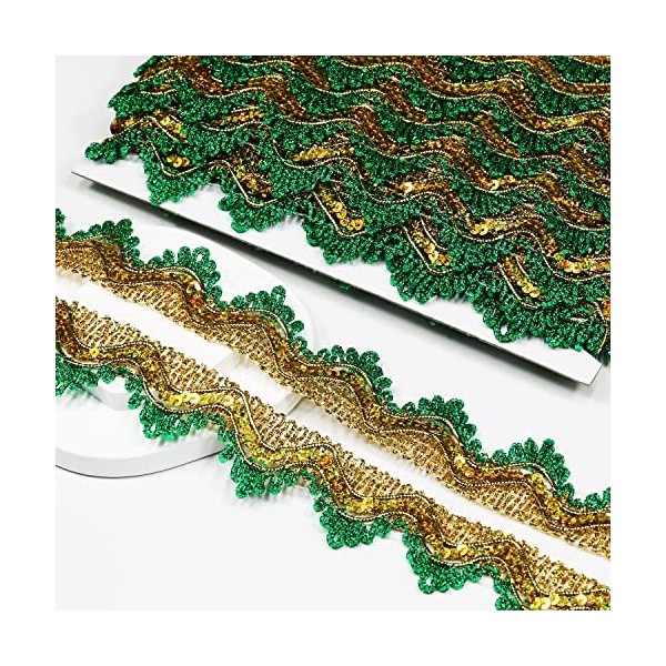 Length15 Yards，Width 4cm/1.57Inch, Gold & Green Sequins Lace Trim Craft