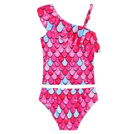 WhizBuzz Bathing Suits for Girls 5t 6t Red Fish Scale Swimsuits Sleeveless Two Pieces Bikini Set Quick Dry Beach Swimwear