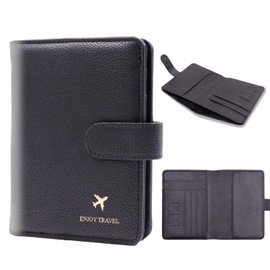 Cnycmy Passport Holder with RFID Blocking, Cash Pocket & Back Zipper Coin Pocket - Travel Document Holder, Magnetic Button, Multiple Card Slots - Soft PU Leather for Men and Women (BLACK)