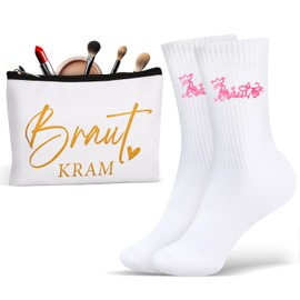 TUZELIYA 2 Stück Braut Geschenke Set inklusive wasserdichte Kosmetiktasche und Braut Socken Baumwolle, JGA Accessoires Frauen Geschenk zur Brautparty Junggesellinnenabschied