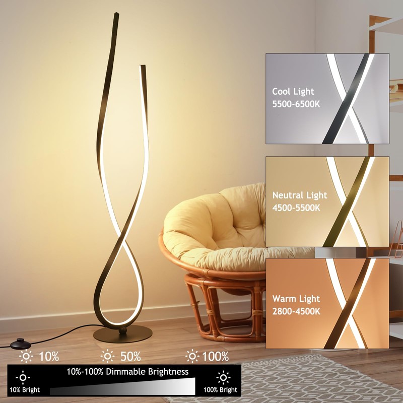 NUÜR Modern Spiral LED Floor Lamp, 59" Ultra-Bright Black Standing