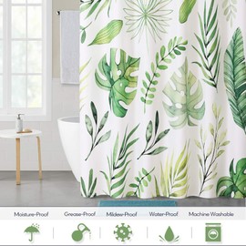 KGORGE Waterproof Shower Curtain for Bathroom, Tropical Palm Leaf Pattern on White Background, Botanical Curtain Accessory Decor Set for Laundry Room Poolside, 72 x 72 inch with Hooks
