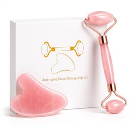 Be True Rodillo facial de cuarzo rosa auténtico y set de gua sha: herramientas de masaje para el cuidado de la piel, drenaje linfático, definición de 