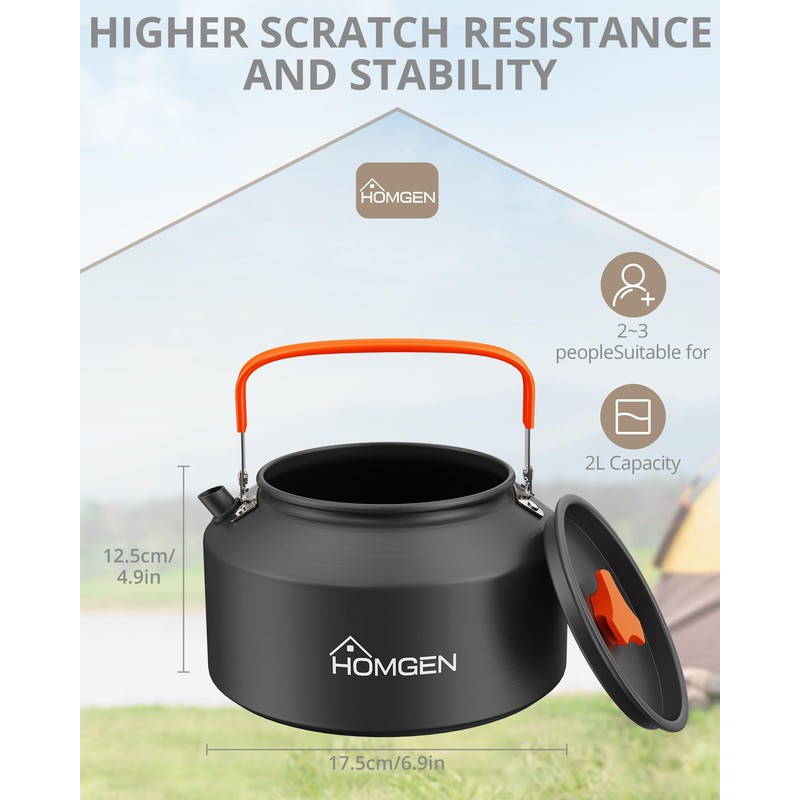 HOMGEN 2L Large Portable Camping Kettle for Outdoor Hiking with