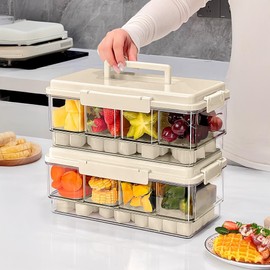 2Pack Chilled Condiment Caddy with 4 Containers 4 Lids Fruit Serving Tray Platter with Handle Portable Snackle Box Organizer Server with Ice Pack for Mimosa Bar Supplies,Salad,Taco,Party Garnish,Beige