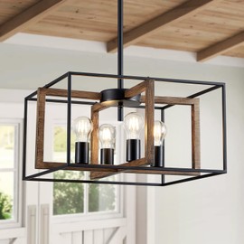 XINGQI 4-Light Square Chandelier Farmhouse Light Fixtures Modern Pendant Lighting for Kitchen Island Dining Room Living Room Black+Wood Grain Finish with Metal Shade Hanging Lamp