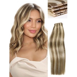 WIGNEE New Double Layered PU OVO Hair Extensions Blonde Ombre Straight Human Hair weft with beads 100% Real Human Hair Extensions 12 Inch Seamless Micro Beads Human Hair Extensions Glueless (9A/60)