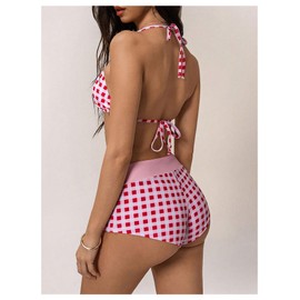 BEAUDRM Y2k - Conjunto de bikini a cuadros de 2 piezas para mujer, diseño de cuadros con pantalones cortos, traje de baño, Rosado, X-Large