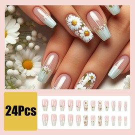 24Pcs Flower Press on Nails Long Sunflower Fake Nails French Tip Glue on Nails Cute False Nails Daisy Full Cover Acrylic Nails Glossy Coffin Artificial Nails Natural Fit Stick on Nails for Women DIY