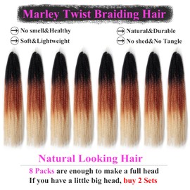 Marley Twist Braiding Hair 24 Inch 8 Packs – Long-Lasting Marley Hair, Fluffy&Tangle-Free Cuban Twist Hair for Braiding, Natural Look Synthetic Spring Afro Kinky Twist Hair Extensions (T1B/30/613)