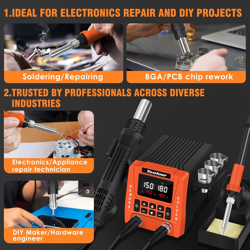 TOOLOUR 2-IN-1 851D Soldering Iron Hot Air Rework Station, 302°F-932°F