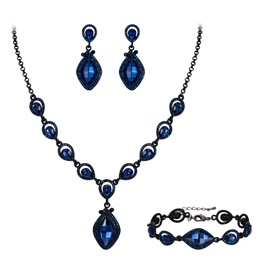 EVER FAITH Costume Party Jewelry Art Deco Crystal Marquise Teardrop Pendant Necklace Earrings Bracelet Set for Prom Blue Black-Tone