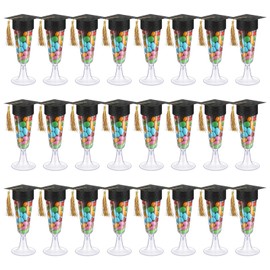 Ziliny 48 Pcs 2025 Mini Graduation Caps and Goblet Grad Bottle Topper Plastic Champagne Flutes Glitter Black Graduation Goblet Lid Graduation Cap with Tassels for Graduation Party Table Decorations