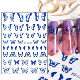 7 Sheets Blue Nail Art Stickers, 3D Geometry Nail Transfer Decals, Butterfly Heart Letters Numbers Stars Eyes Nail Self-Adhesive Sticker Design for Women Girls Manicure Charms Decorations