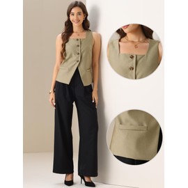 Allegra K Office Vest for Women Square Neck Elegant Suit Vest, khaki